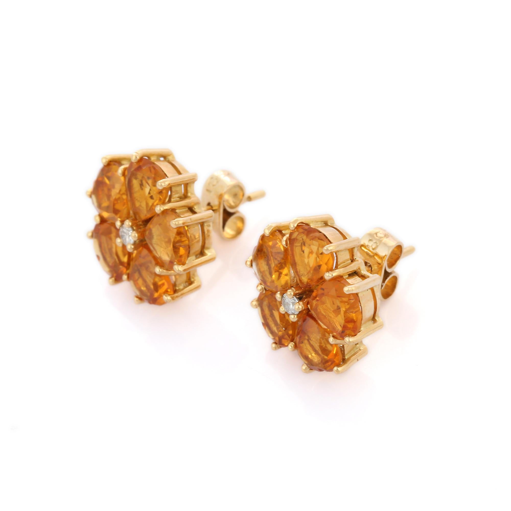 Art Deco Heart Cut 6.5 ct Citrine Floral Stud Earrings with Diamonds in 18K Yellow Gold For Sale