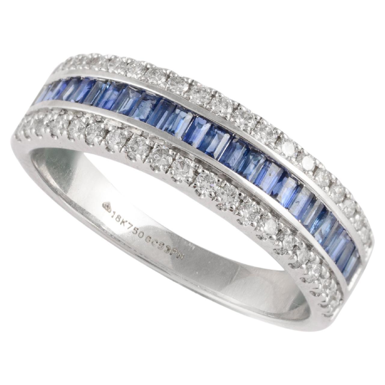 Bague de mariage en or blanc massif 18 carats avec saphir bleu naturel et diamants