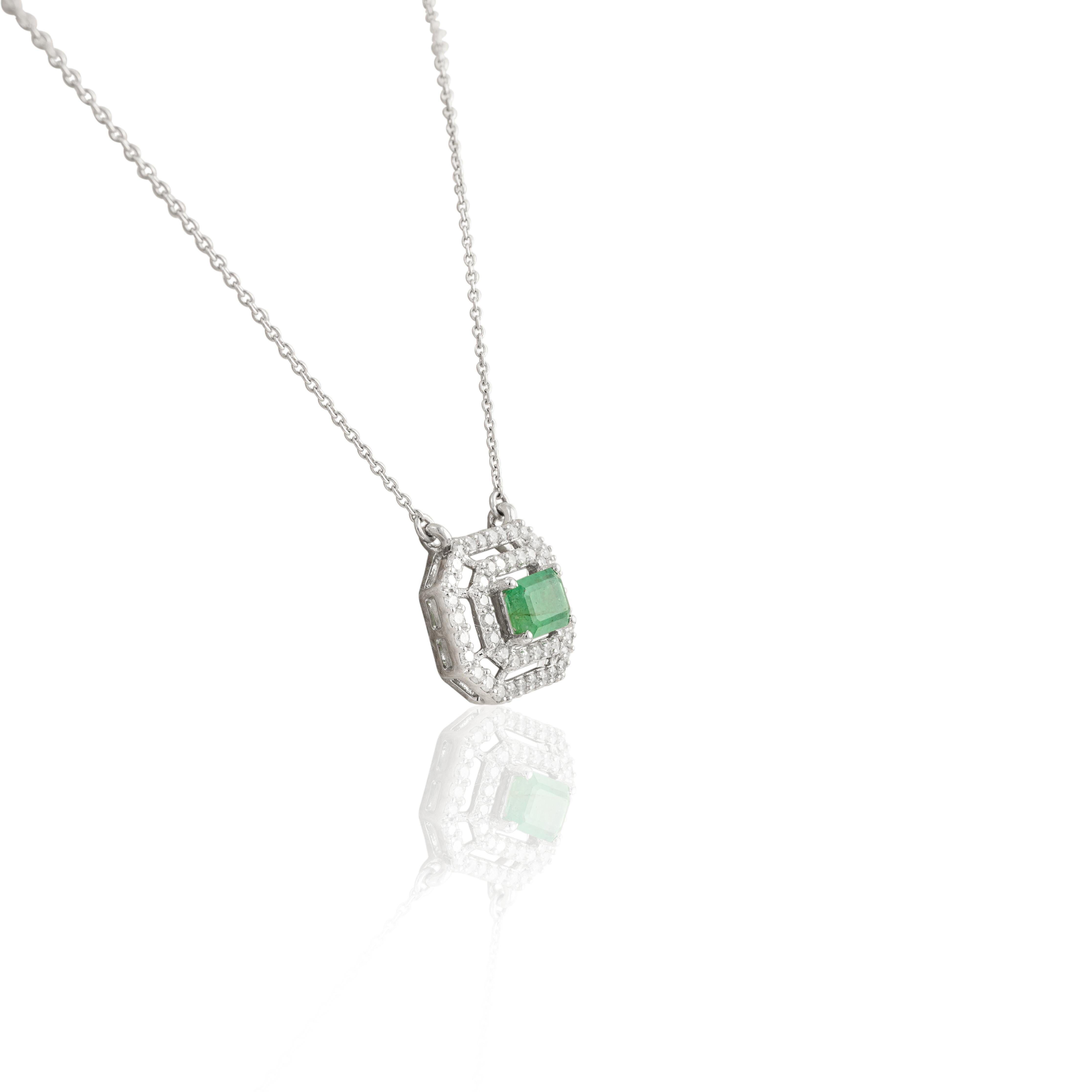 Modern Brilliant Emerald Diamond Pendant Necklace 14k Solid White Gold, Gift For Sister For Sale