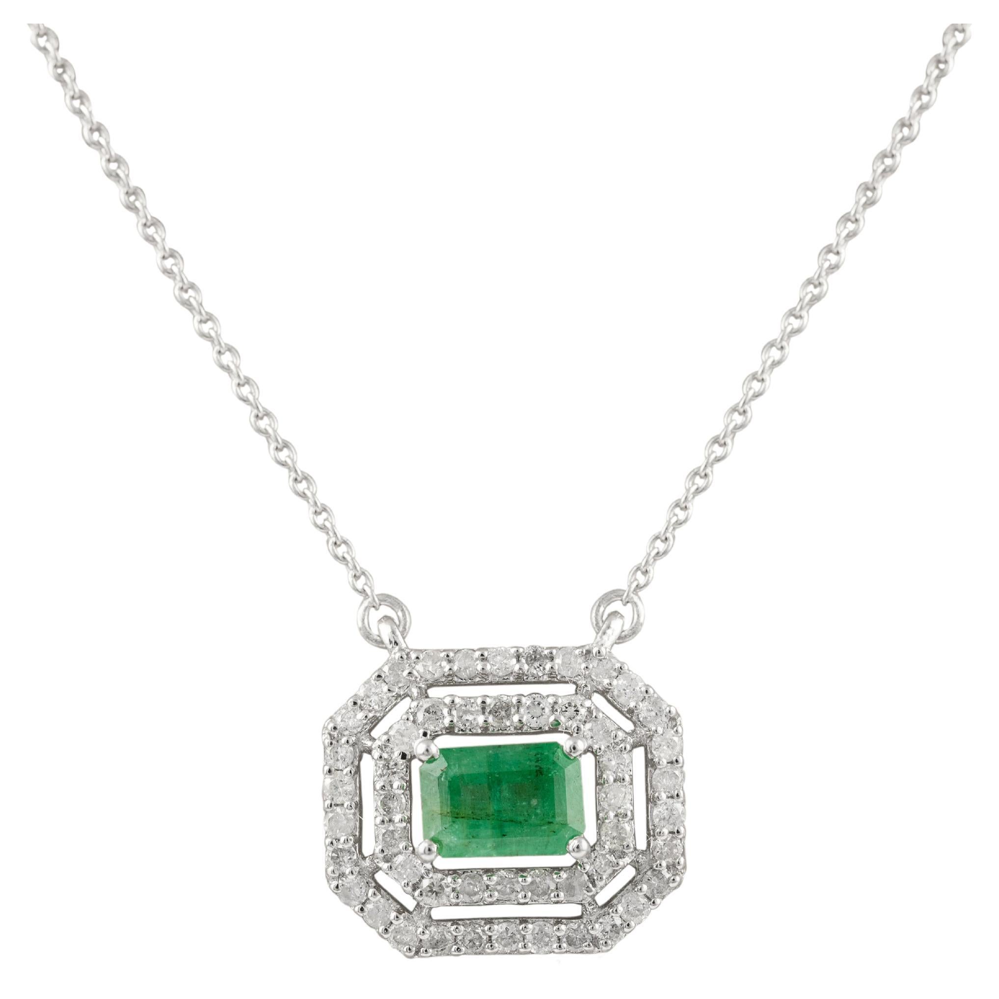 Brilliant Emerald Diamond Pendant Necklace 14k Solid White Gold, Gift For Sister For Sale