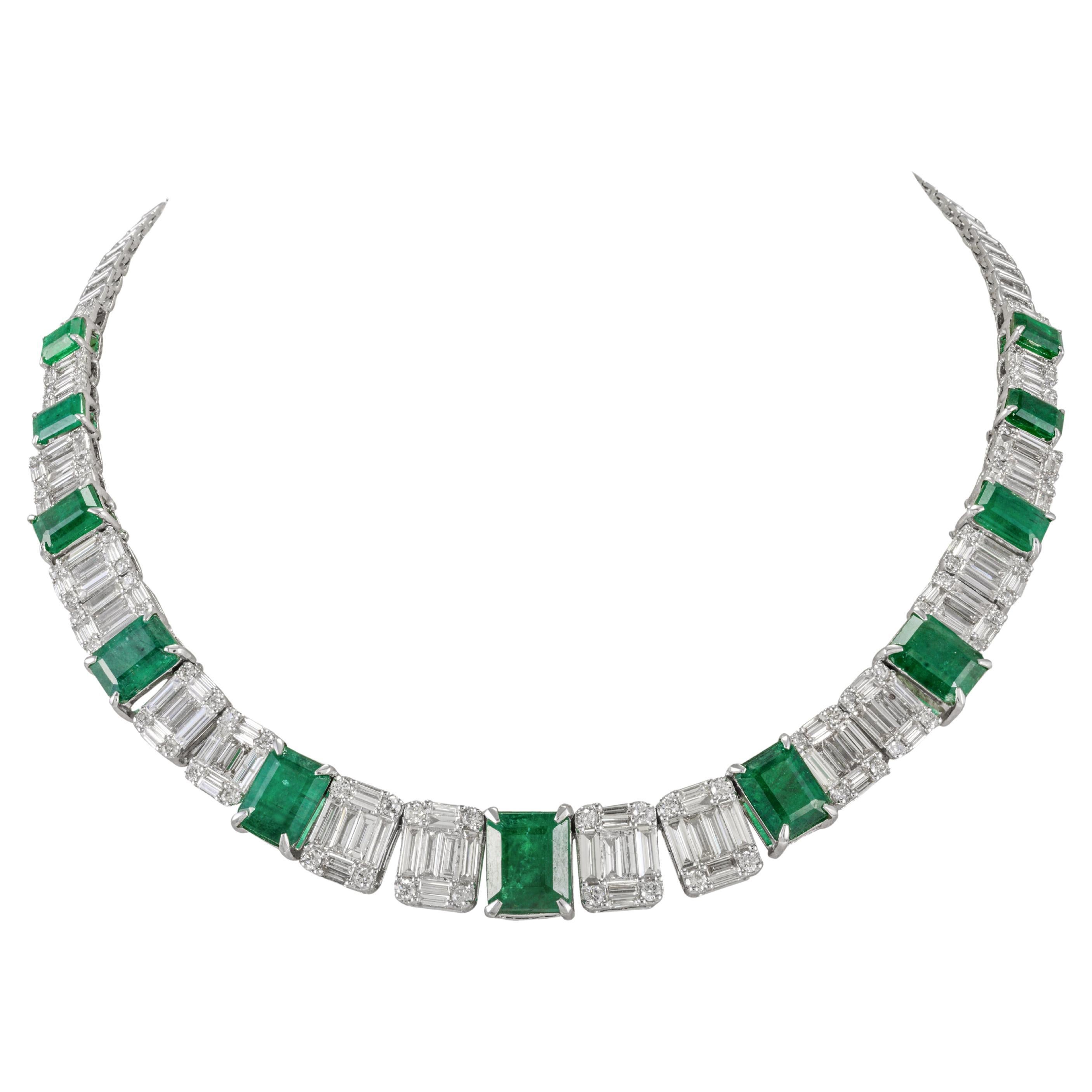 19.11 CTW Vivid Emerald and 8.82 CTW Diamond Tennis Necklace 18k White Gold For Sale