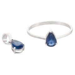 18k Solid White Gold Faceted Pear Cut Blue Sapphire Pendant and Ring Jewelry Set