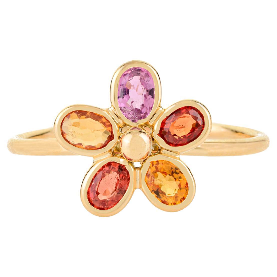 Im Angebot: Natürliche Oval Cut Multi Saphir Blume Cluster Ring in 14k massivem Gelbgold ()