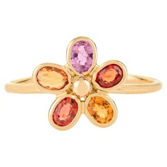 Anillo en racimo de flores de zafiros múltiples naturales talla oval en oro amarillo macizo de 14k