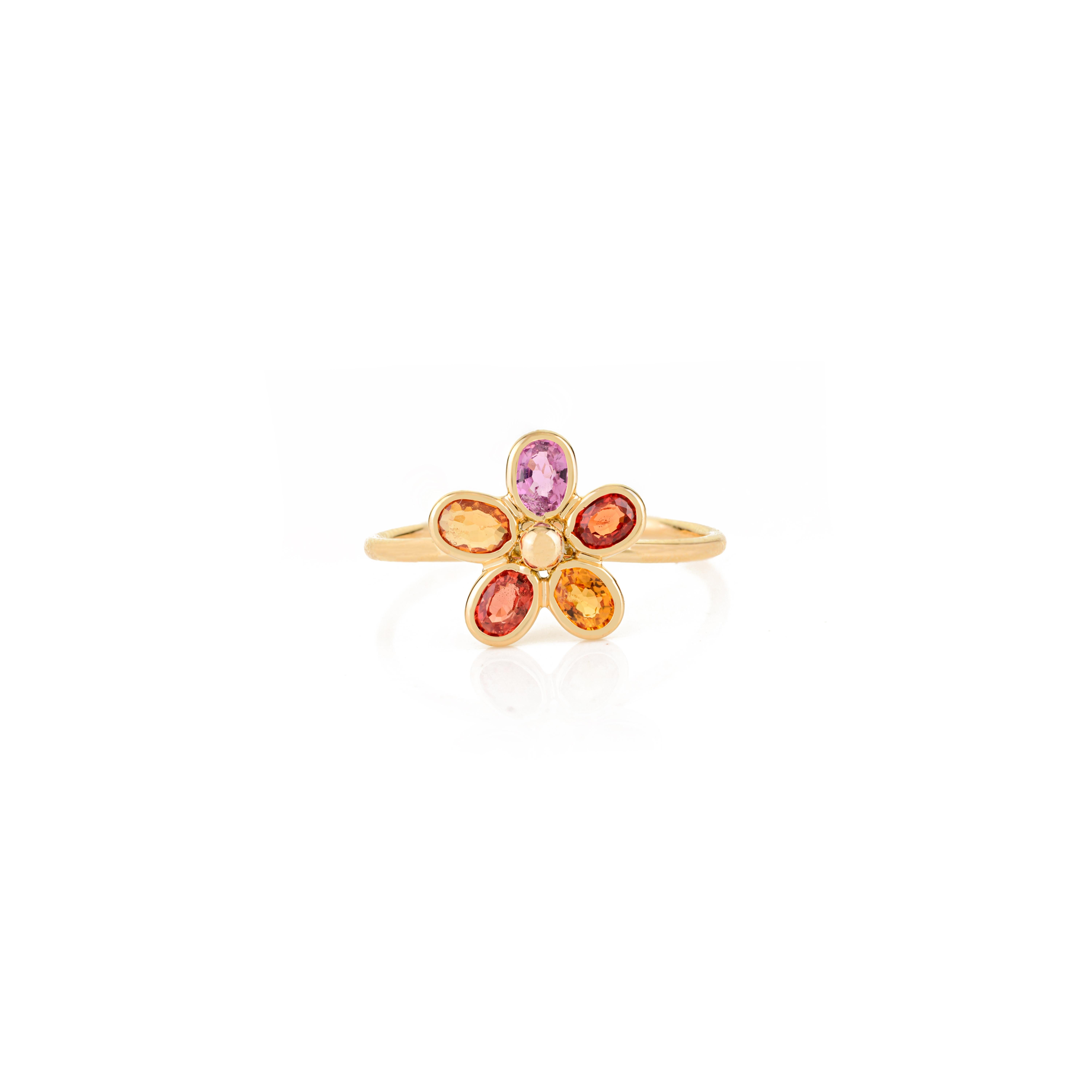 Im Angebot: Natürliche Oval Cut Multi Saphir Blume Cluster Ring in 14k massivem Gelbgold () 3