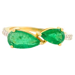 Toi et Moi Smaragd und Diamantring mit Birnenschliff aus 14k Gelbgold Geschenk für Sie