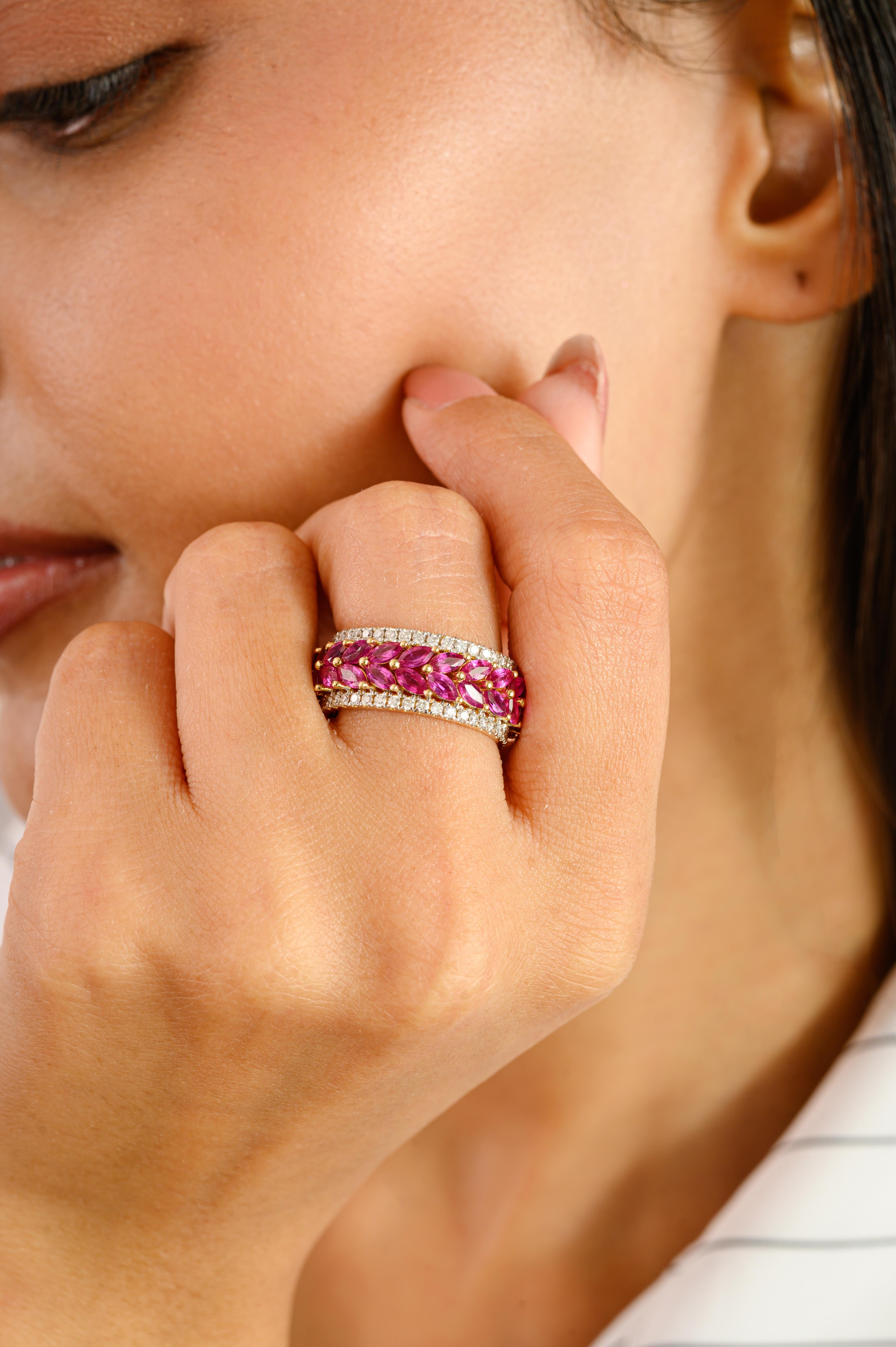 in vendita:  Autentico anello a fascia per l'eternità in oro giallo 14k con rubino marquise e diamante 4