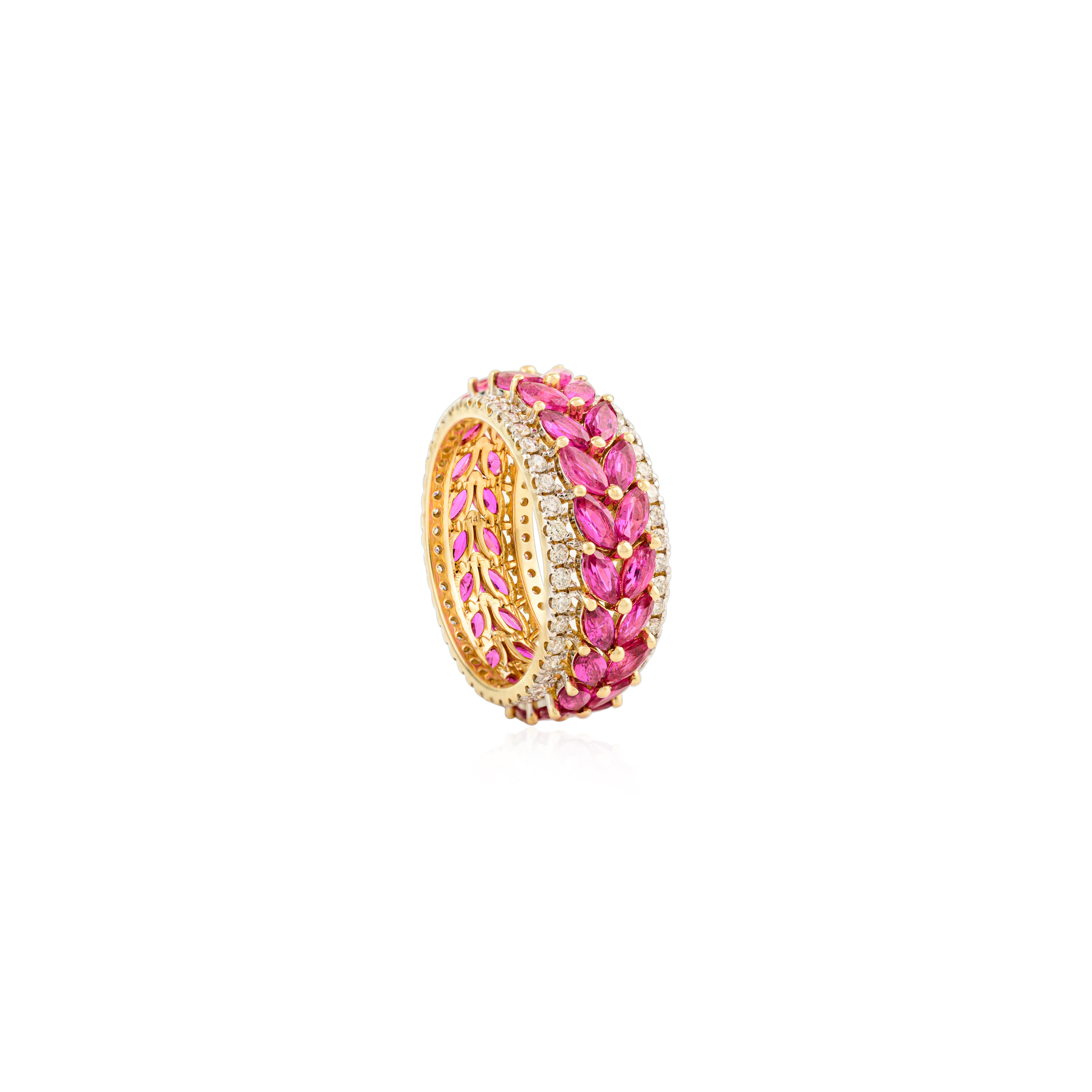 in vendita:  Autentico anello a fascia per l'eternità in oro giallo 14k con rubino marquise e diamante 7