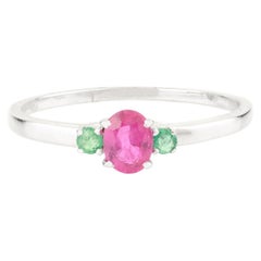Delicate 14k Solid White Gold Three Stone Ring with Oval Cut Ruby and Emerald