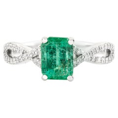 Natural 1.10 CT Emerald Twisted Shank Halo Diamond Ring in 14k White Gold