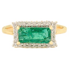Zambian Emerald & Diamond East To West Halo Engagement Ring in 14k Yellow Gold
