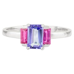 Ruby and Tanzanite Three Stone Ring Women Everyday Jewelry in 14K White Gold