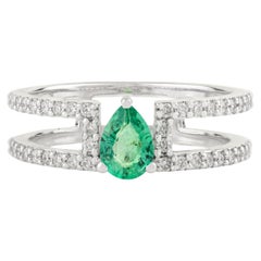 Pear-Shaped Emerald and Diamond Double Band Engagement Ring in 14k White Gold