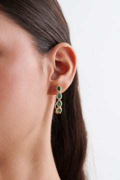Modern 14K Yellow Gold 1.7ct Natural Oval Emerald & Diamond Halo Hoop Earrings