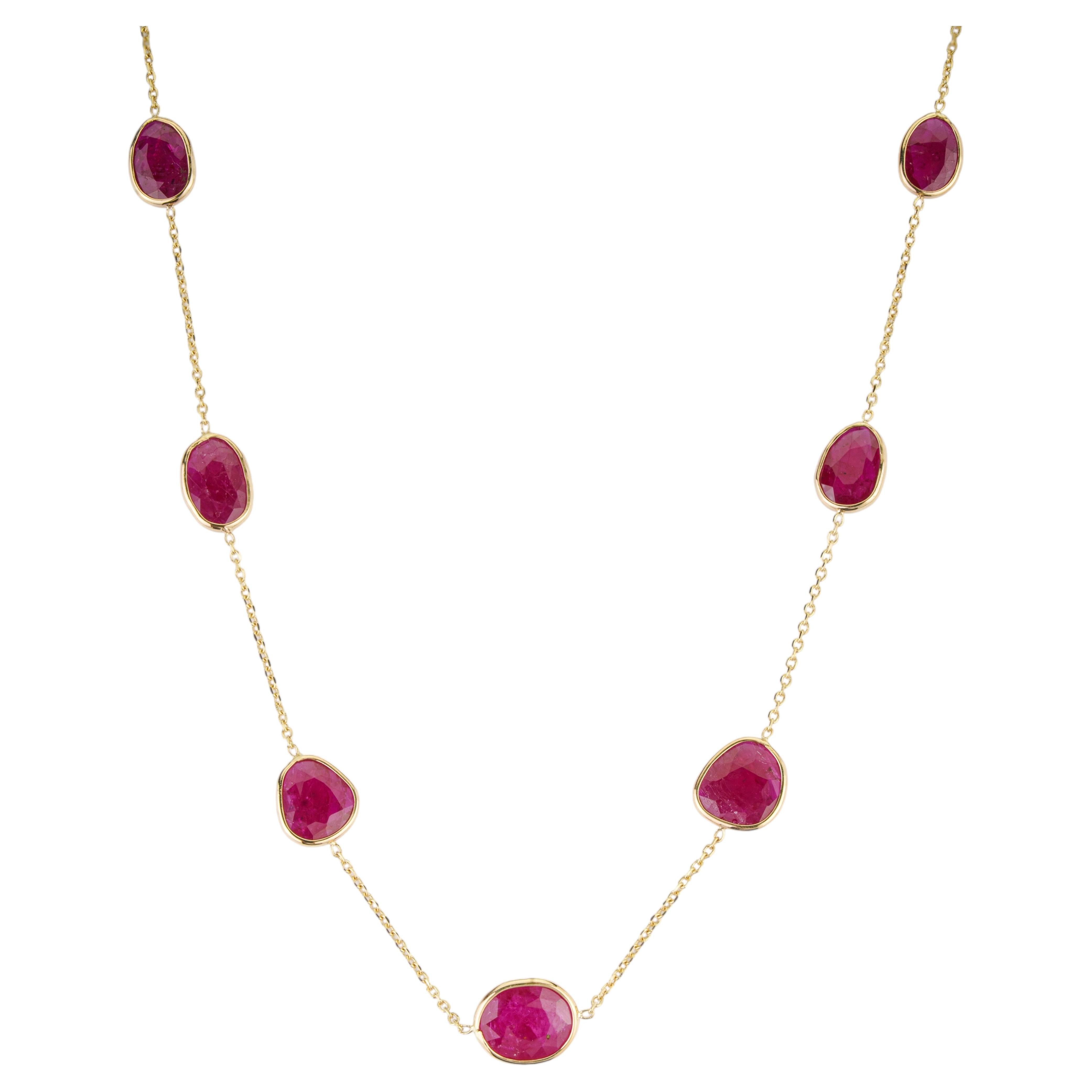Modernist 14K Yellow Gold 6.95ct Natural Mozambique Ruby Bezel Station Necklace For Sale