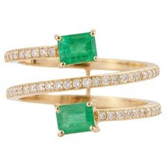 Handcrafted 14K Yellow Gold Natural Emerald & Diamond Multi-Row Spiral Wrap Ring