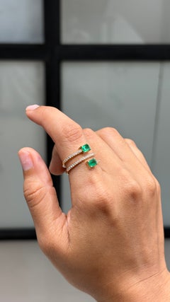Handcrafted 14K Yellow Gold Natural Emerald & Diamond Multi-Row Spiral Wrap Ring