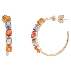 Natural Oval Cut 4.07ct Rainbow Sapphire Half Hoop Earrings in 14K Yellow Gold