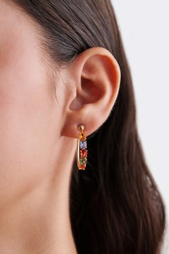 Natural Oval Cut 4.07ct Rainbow Sapphire Half Hoop Earrings in 14K Yellow Gold