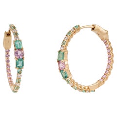 Natural 2.39ct Emerald Pink Sapphire & Diamond Hoop Earrings in 18K Yellow Gold