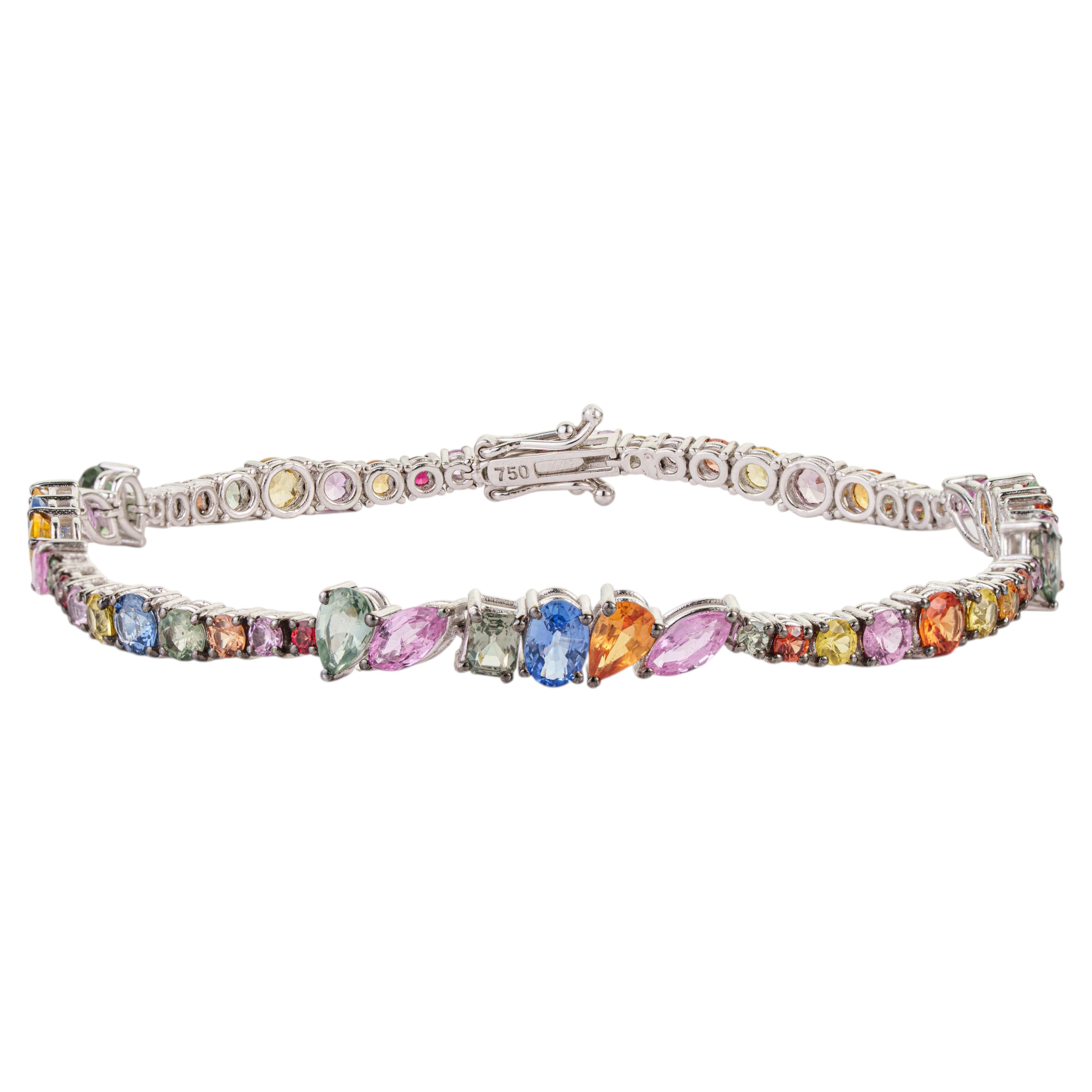 10.97ct Mixed cut Multicolor Sapphire Tennis Bracelet in 18K Gold, 7.5 Inches For Sale