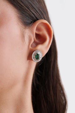 Modernist 2.51ct Emerald & Diamond Double Halo Stud Earrings in 14K White Gold