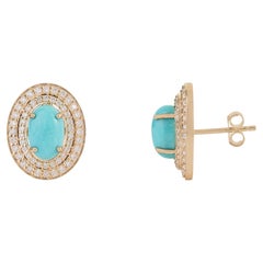 3.97 Carat Bold Turquoise & Diamond Double Halo Stud Earrings in 14K Yellow Gold