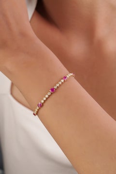 14K Yellow Gold Tennis Bracelet with 3.1ct Oval Cut Natural Red Ruby & Diamond