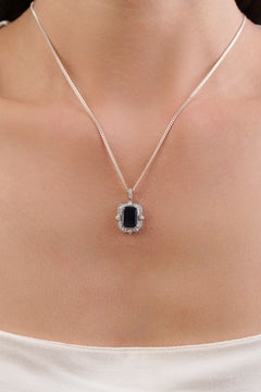 Art Deco-Inspired 3.4ct Blue Sapphire & Diamond Halo Pendant in 14K White Gold