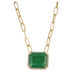 18.82ct Octagon Emerald & Diamond Halo Pendant Necklace with Paperclip Chain