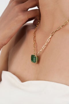 18.82ct Octagon Emerald & Diamond Halo Pendant Necklace with Paperclip Chain