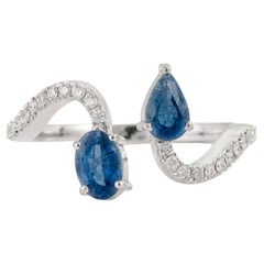Pear & Oval Cut Blue Sapphire & Diamond Bypass Toi et Moi Ring in 14K White Gold
