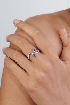 Pear & Oval Cut Blue Sapphire & Diamond Bypass Toi et Moi Ring in 14K White Gold