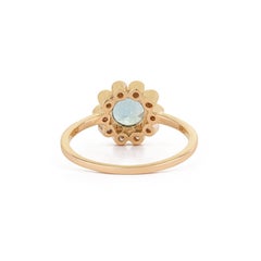 Vintage Style Aquamarine & Diamond Sunburst Halo Ring in 14K Yellow Gold