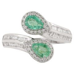 Contemporary Double Pear-Shaped Emerald & Diamond Halo Bypass Ring in 14K Gold