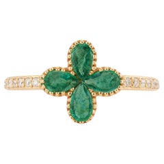 Anello moderno a forma di trifoglio con diamante e smeraldo naturale a quattro foglie con taglio a pera, in oro giallo 14 carati