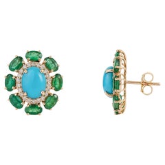 Ohrstecker im Retro-Stil mit 6,53 Karat Türkis, Smaragd und Diamanten in Blumenform aus 14-karätigem Gold