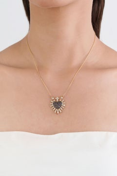 Blue Sapphire Diamond Sacred Heart Sunburst Pendant Necklace in 14K Yellow Gold