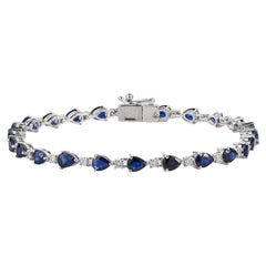 14K White Gold 6.13ct Natural Blue Sapphire & Diamond Pear Cut Tennis Bracelet