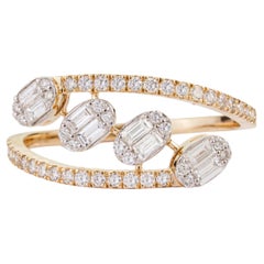 Certified 14K Solid Yellow Gold Baguette & Round Diamond Bypass Cluster Ring