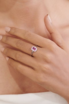 Art Deco Style Emerald-Cut Pink Sapphire & Diamond Halo Ring in 14K White Gold