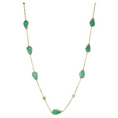 14K Yellow Gold 6.84ct Pear-Cut Natural Emerald Station Necklace with Diamonds