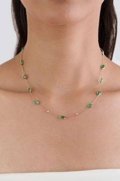 14K Yellow Gold 6.84ct Pear-Cut Natural Emerald Station Necklace with Diamonds