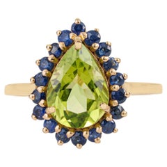 18K Solid Yellow Gold 2.39ct Pear-Shaped Peridot & Sapphire Halo Cocktail Ring