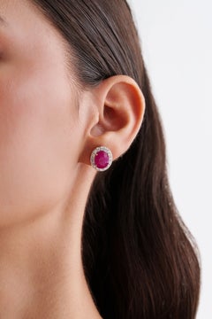 18K Yellow Gold 7.21 ct Oval-Cut Ruby & 1.16 ct Diamond Halo Stud Earrings