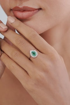1.15ct Natural Pear-Cut Emerald & Diamond Halo Statement Ring in 14K White Gold