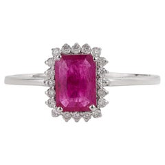 1.05ct Emerald-Cut Ruby & Diamond Halo Engagement Ring in 14K Solid White Gold