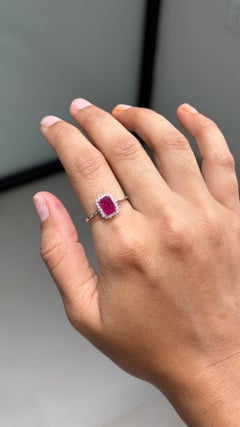 1.05ct Emerald-Cut Ruby & Diamond Halo Engagement Ring in 14K Solid White Gold