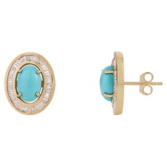 Vintage-Style 2.42ct Turquoise Cabochon Diamond Stud Earrings in 14K Yellow Gold