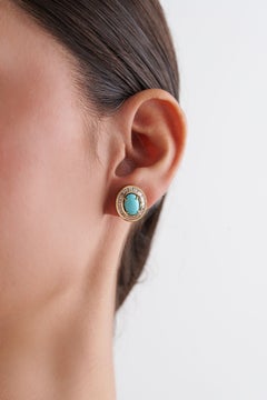 Vintage-Style 2.42ct Turquoise Cabochon Diamond Stud Earrings in 14K Yellow Gold